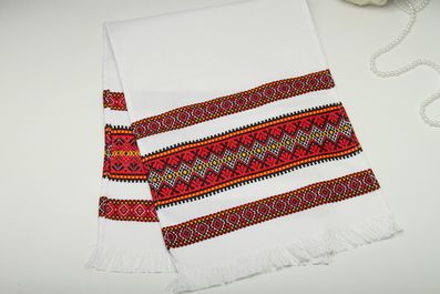 Рушник вишитий тканий на весілля 70 см червоний з жовтою строчкою