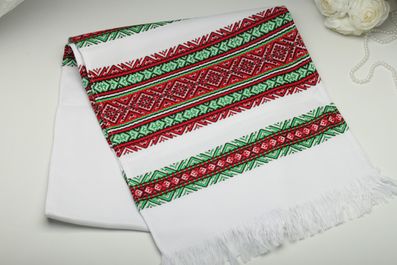 Рушник вишитий тканий на весілля 150 см червоний із зеленою смужкою