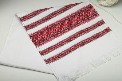 Рушник вишитий тканий на весілля 135 см червоний з ромбиками
