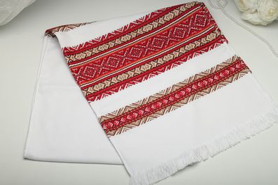 Рушник вишитий тканий на весілля 150 см червоний з жовтою смужкою
