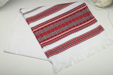 Рушник вишитий тканий на весілля 145 см червоний з ромбиками