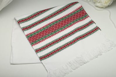 Рушник вишитий тканий на весілля 135 см червоний з ромбиками зеленими