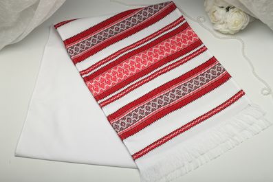 Рушник вишитий тканий на весілля 190 см червоний з коричневою смужкою