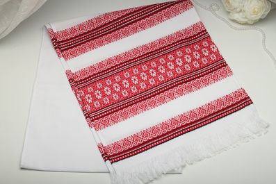 Рушник вишитий тканий на весілля 170 см червоний з квітками